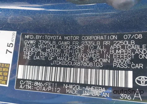 2008 Toyota Prius from USA, damaged, VIN JTDKB20UX87808103